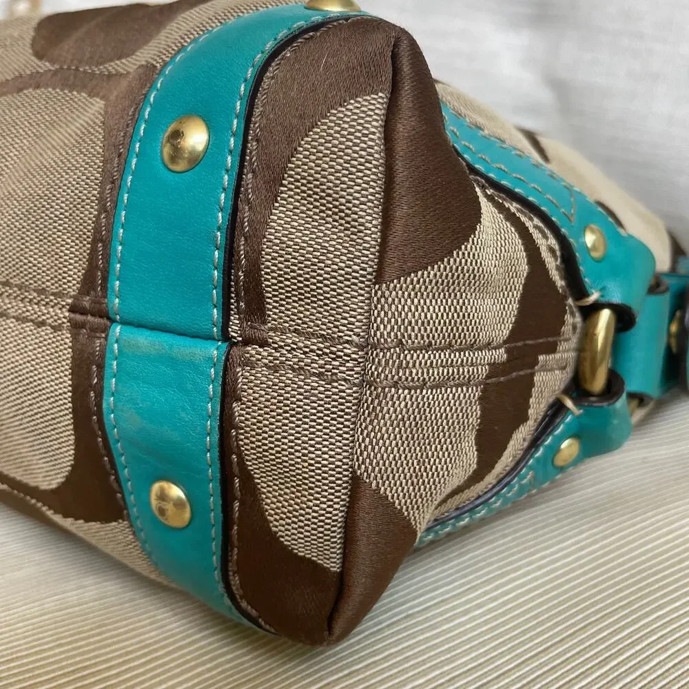 Rare Y2K Coach Carly Small Signature Hobo Bag | Brown, Turquoise Blue, Turnlock